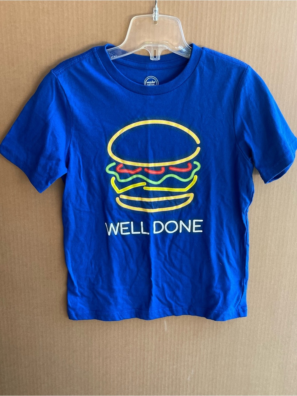 Wonder Nation Blue "Well Done" Hamburger Graphic T-Shirt-size8